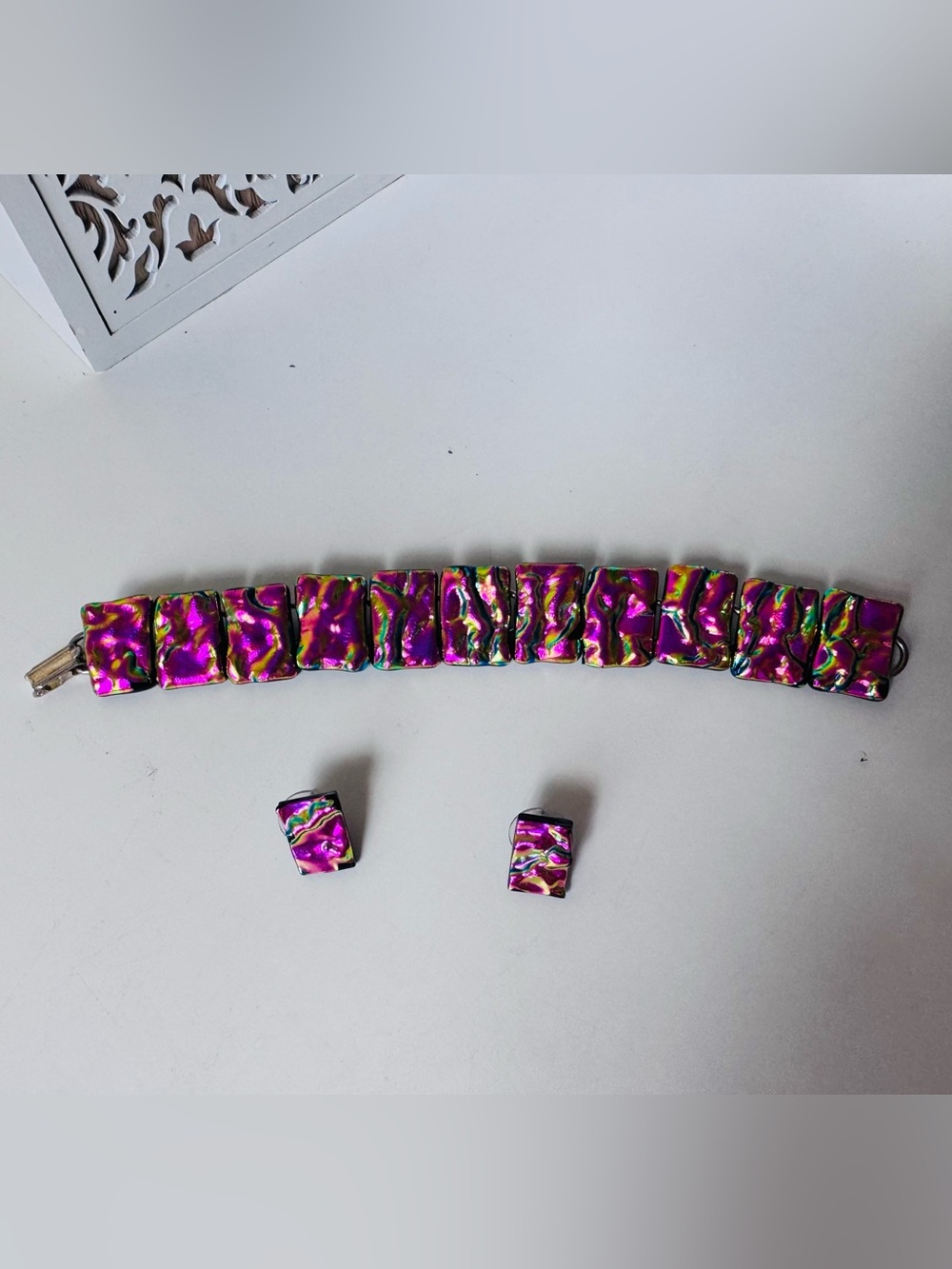 Iridescent Pink Tile Bracelet and Earring Set - Women Accessories